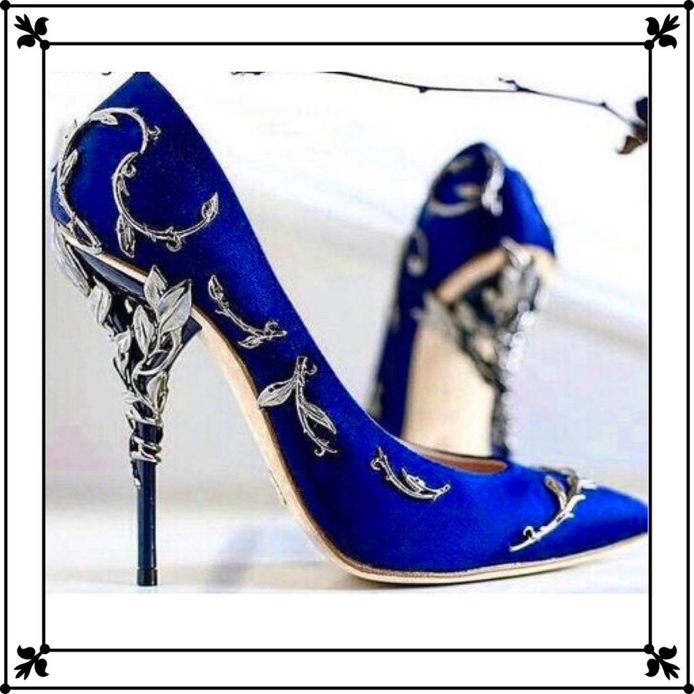 Juneryuan Designer Blue Metal Leaf Stiletto Shoes